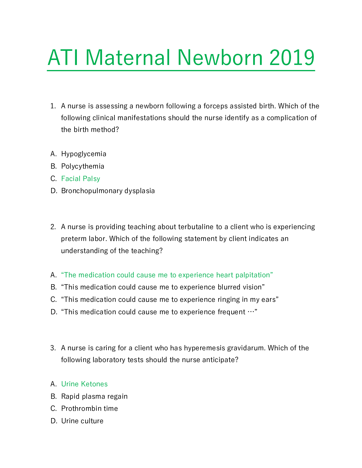 Preview of ATI MATERNAL NEWBORN PROCTORED EXAM 2019